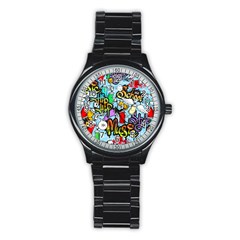 Graffiti Characters Seamless Patternm Stainless Steel Round Watch by Nexatart