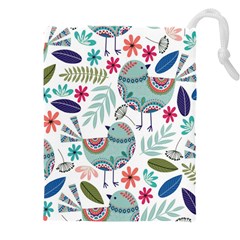 Floral Pattern With Birds Flowers Leaves Dark Background Drawstring Pouch (5xl) by Vaneshart