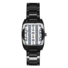 Nautical Seamless Pattern Vector Illustration Stainless Steel Barrel Watch by Wegoenart