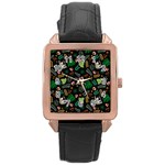 Floral Pattern With Plants Sloth Flowers Black Backdrop Rose Gold Leather Watch  Front