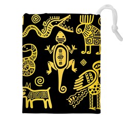 Mexican Culture Golden Tribal Icons Drawstring Pouch (5xl) by Vaneshart