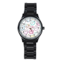 Cute Doodle Cartoon Seamless Pattern Stainless Steel Round Watch by Vaneshart