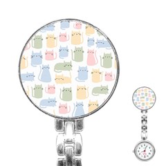 Cute Cat Colorful Cartoon Doodle Seamless Pattern Stainless Steel Nurses Watch by Vaneshart