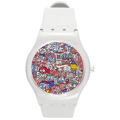 Hand-drawn-vector-illustration-doodle-funny-world-illustrator-line-tools-drawing-flat-design Round Plastic Sport Watch (m) by Vaneshart