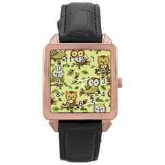 Seamless Pattern With Flowers Owls Rose Gold Leather Watch  by BangZart