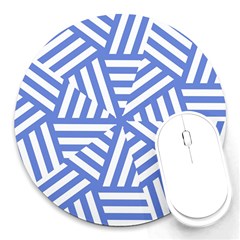 Geometric Blue And White Lines, Stripes Pattern Round Mousepads by Casemiro