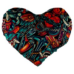Vintage Tattoos Colorful Seamless Pattern Large 19  Premium Flano Heart Shape Cushions by Amaryn4rt