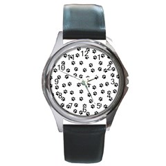 Dog Paws Pattern, Black And White Vector Illustration, Animal Love Theme Round Metal Watch by Casemiro