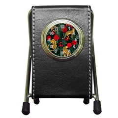 Seamless-pattern-with-leopards-and-roses-vector Pen Holder Desk Clock by Sobalvarro
