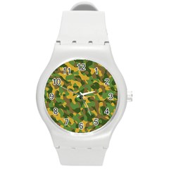 Yellow Green Brown Camouflage Round Plastic Sport Watch (m) by SpinnyChairDesigns