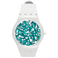 Teal And White Camouflage Pattern Round Plastic Sport Watch (m) by SpinnyChairDesigns