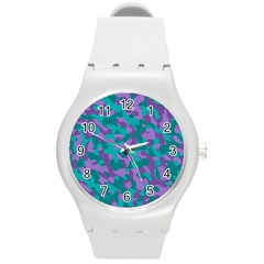 Purple And Teal Camouflage Pattern Round Plastic Sport Watch (m) by SpinnyChairDesigns