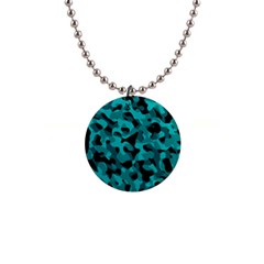 Black And Teal Camouflage Pattern 1  Button Necklace by SpinnyChairDesigns