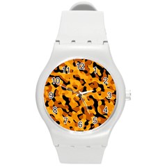 Orange And Black Camouflage Pattern Round Plastic Sport Watch (m) by SpinnyChairDesigns