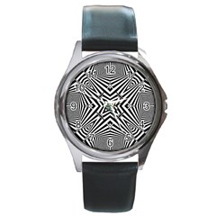 Black And White Line Art Pattern Stripes Round Metal Watch by SpinnyChairDesigns