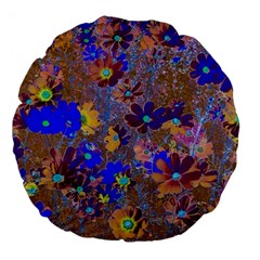 Cosmos Flowers Brown Blue Large 18  Premium Flano Round Cushions by DinkovaArt