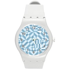 Truchet Tiles Blue White Round Plastic Sport Watch (m) by SpinnyChairDesigns