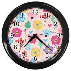 Tekstura-fon-tsvety-berries-flowers-pattern-seamless Wall Clock (black) by Sobalvarro