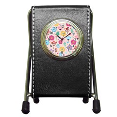 Tekstura-fon-tsvety-berries-flowers-pattern-seamless Pen Holder Desk Clock by Sobalvarro