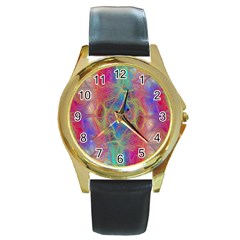 Boho Tie Dye Rainbow Round Gold Metal Watch by SpinnyChairDesigns
