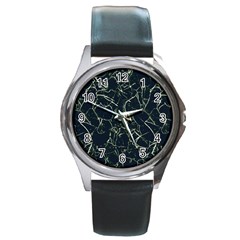 Neon Silhouette Leaves Print Pattern Round Metal Watch by dflcprintsclothing