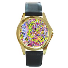 Green Blue Texture                                                      Round Gold Metal Watch by LalyLauraFLM