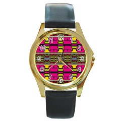 Pink Yellow Green Shapes                                                       Round Gold Metal Watch by LalyLauraFLM