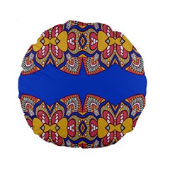 Yellow Red Shapes On A Blue Background                                                         Standard 15  Premium Flano Round Cushion by LalyLauraFLM