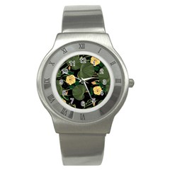 Tropical Vintage Yellow Hibiscus Floral Green Leaves Seamless Pattern Black Background  Stainless Steel Watch by Sobalvarro