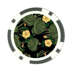 Tropical Vintage Yellow Hibiscus Floral Green Leaves Seamless Pattern Black Background  Poker Chip Card Guard by Sobalvarro