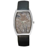 Linear Textured Botanical Motif Design Barrel Style Metal Watch Front
