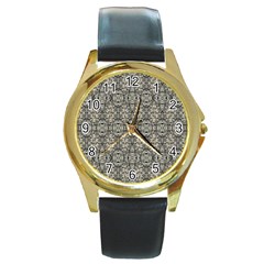 Steampunk Camouflage Design Print Round Gold Metal Watch by dflcprintsclothing