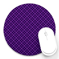 Purple, Black And Yellow Color Plaid, Retro Tartan Pattern Round Mousepads by Casemiro