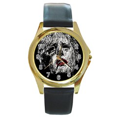 Creepy Head Sculpture Artwork Round Gold Metal Watch by dflcprintsclothing