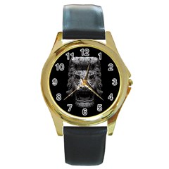 Creepy Lion Head Sculpture Artwork 2 Round Gold Metal Watch by dflcprintsclothing