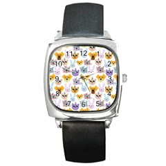 Funny Animal Faces With Glasses On A White Background Square Metal Watch by SychEva