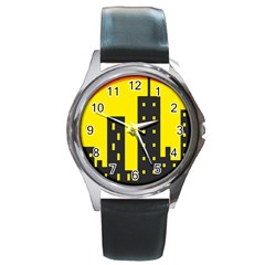 Skyline-city-building-sunset Round Metal Watch by Sudhe