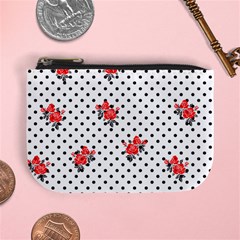 Red Vector Roses And Black Polka Dots Pattern Mini Coin Purse by Casemiro