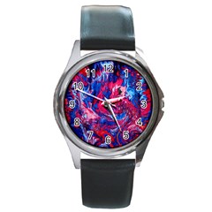 Painted Feathers Round Metal Watch by kaleidomarblingart