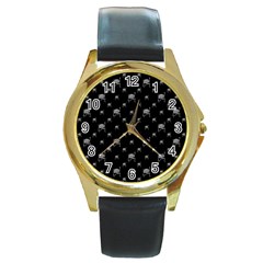 Grey And Black Alien Dancing Girls Drawing Pattern Round Gold Metal Watch by dflcprintsclothing