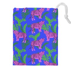 Pink Tigers On A Blue Background Drawstring Pouch (4xl) by SychEva