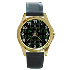 Folk Flowers Floral Art Print Flowers Abstract Art  Round Gold Metal Watch by Eskimos