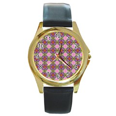 Seamless Psychedelic Pattern Round Gold Metal Watch by Jancukart