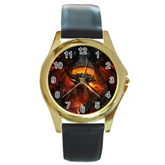 Dragon Fire Fantasy Art Round Gold Metal Watch by Jancukart