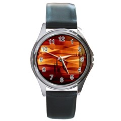 Illustration Golden Tuscany Brown Orange Round Metal Watch by Wegoenart