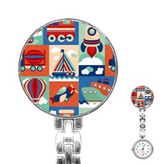 Toy Transport Cartoon Seamless-pattern-with-airplane-aerostat-sail Yacht Vector Illustration Stainless Steel Nurses Watch by Jancukart
