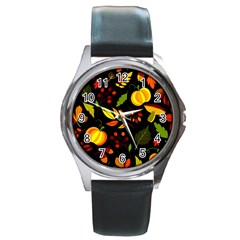 Pumpkin Fall Autumn Pattern Round Metal Watch by Wegoenart