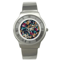 Vintage Art Tattoos Colorful Seamless Pattern Stainless Steel Watch by Ravend