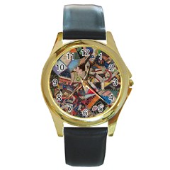 Background Embroidery Pattern Stitches Abstract Round Gold Metal Watch by Pakemis