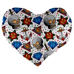 Full Color Flash Tattoo Patterns Large 19  Premium Heart Shape Cushions by Pakemis